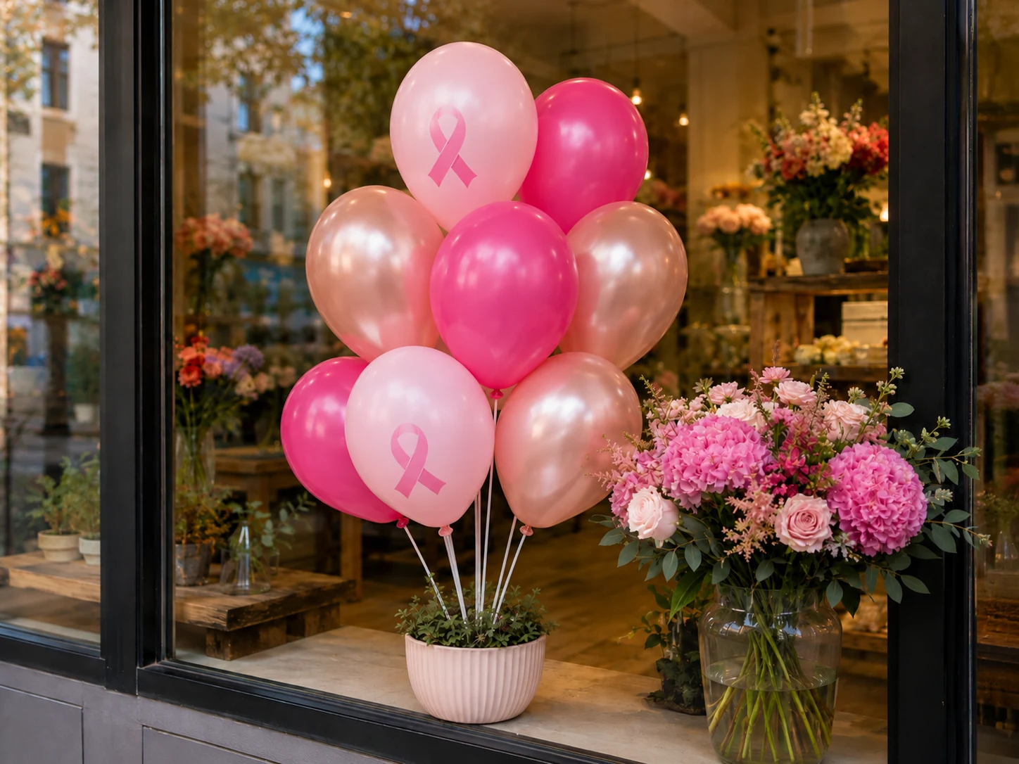 Bouquet de ballons Octobre Rose dans une vitrine fleurie