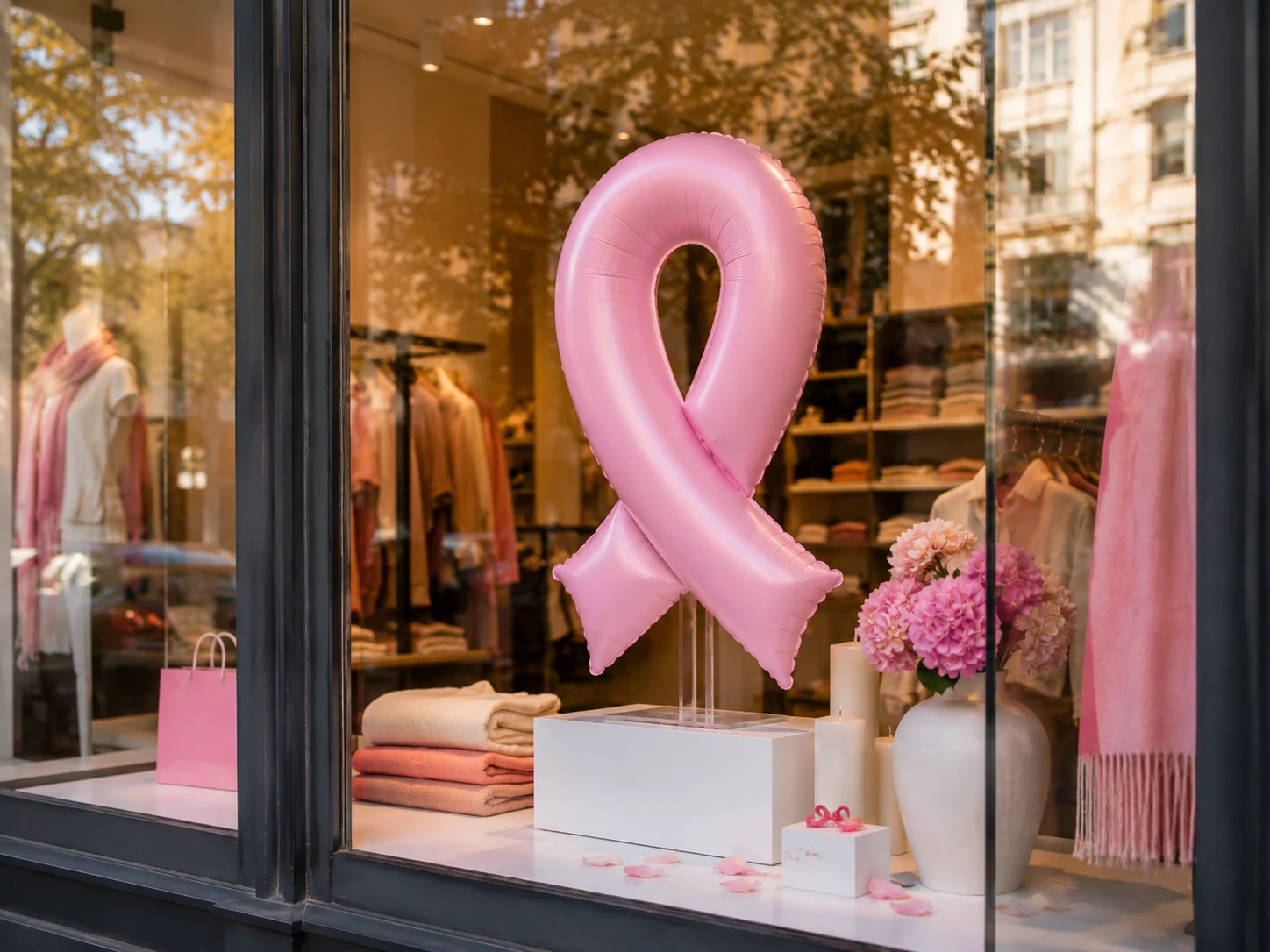 Vitrine Octobre Rose décorée avec le grand ruban rose